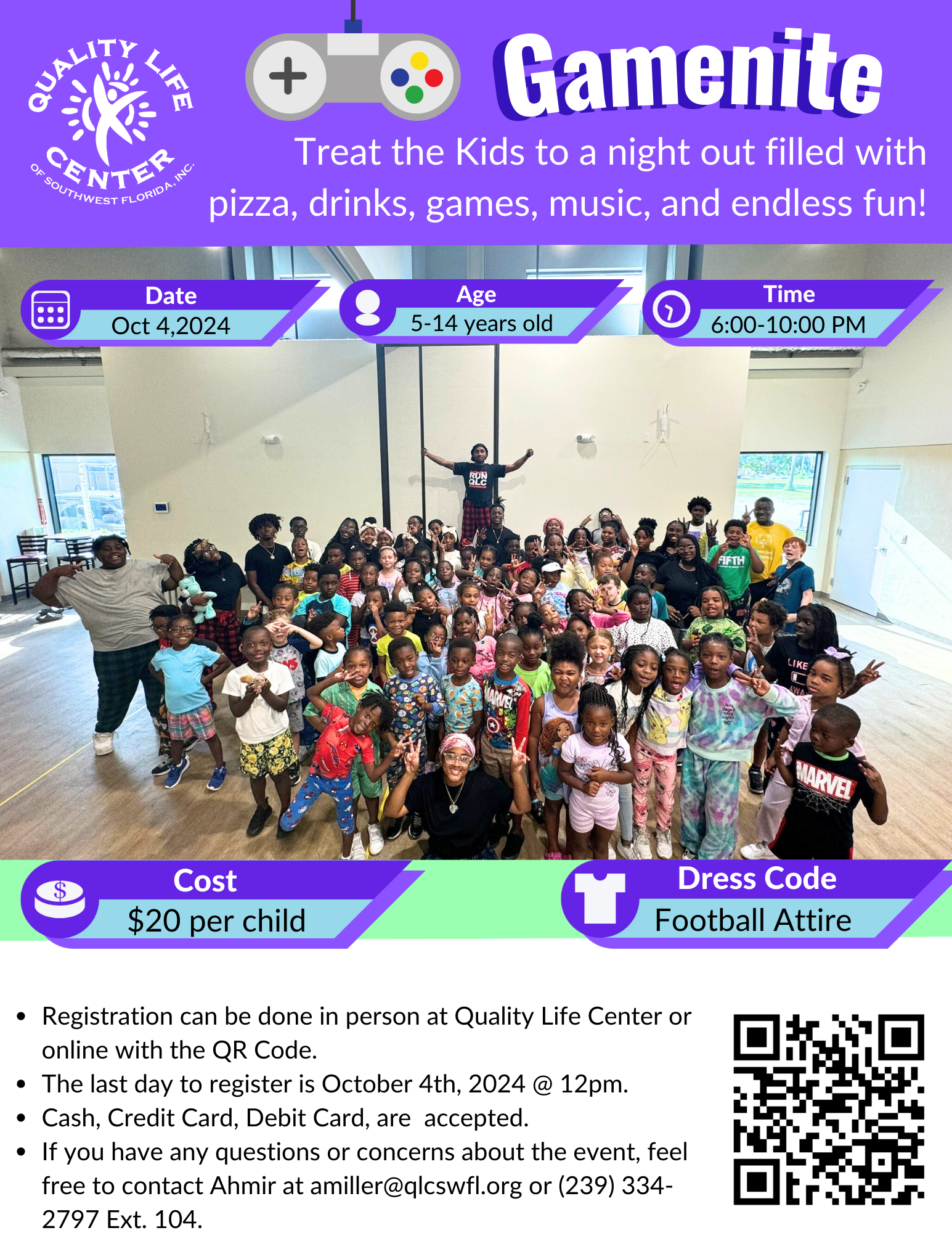 Flyer for the Gamenite October 4, 2024 at Quality Life Center